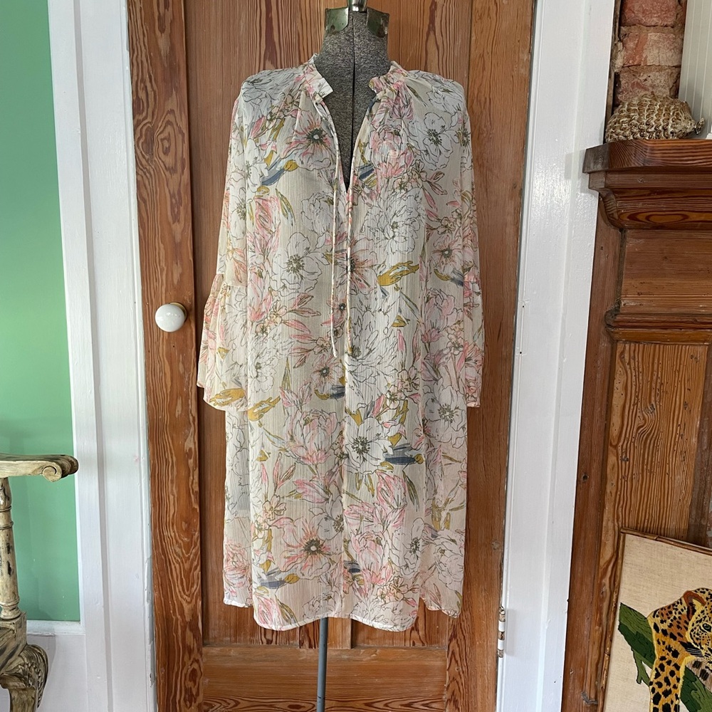 Lucky Brand Sheer Floral Cover Up Tunic Dress XL Ruffle Sleeve Boho Beach 💚🎀 - Picture 2 of 9
